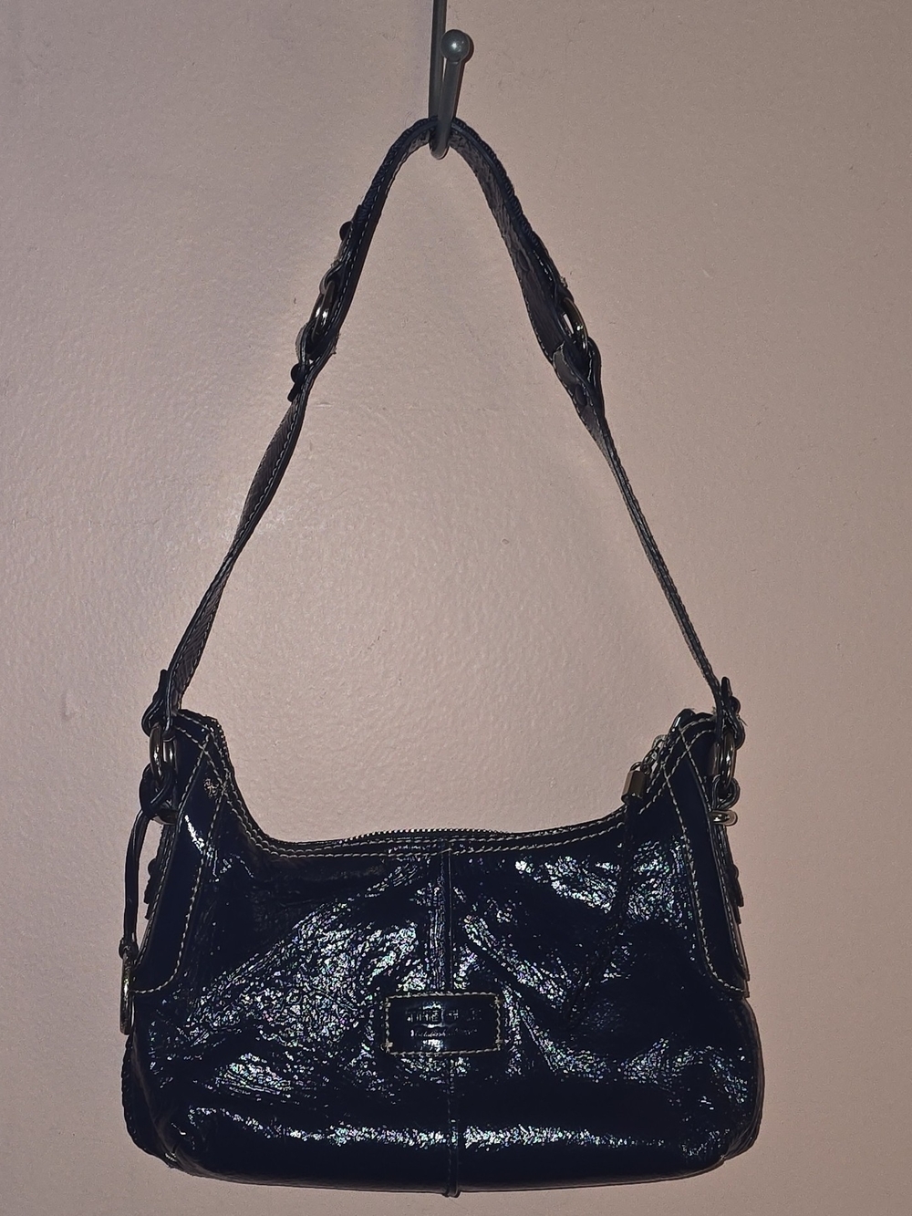 The Sak Blue Crinkle Patent Leather Shoulder Bag Shiny Detail Silver Hardware